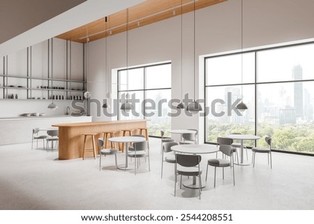 Corner view of light cafe interior with bar counter, round dining tables in row with chairs. Minimalist eating space with shelf and dishes. Panoramic window on skyscrapers. 3D rendering
