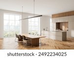 Corner view of light home kitchen interior with dinner table, chairs and bar island on hardwood floor. Eating and cooking space, panoramic window on Bangkok skyscrapers. 3D rendering