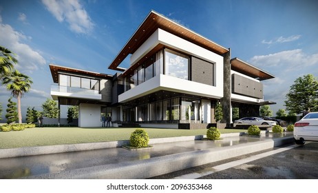 Corner View Of Luxury House, 3d Illustration, Architects Design