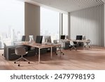 Corner view of office interior with armchairs and pc computers in row, hardwood floor. Stylish coworking room with panoramic window on Singapore skyscrapers. 3D rendering