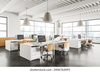 Corner view of office interior with pc computers on desks and wooden chairs, grey granite floor. Stylish workspace with panoramic window on Bangkok skyscrapers. 3D rendering - Powered by Shutterstock - Get 15% off with code: PIKWIZARD15