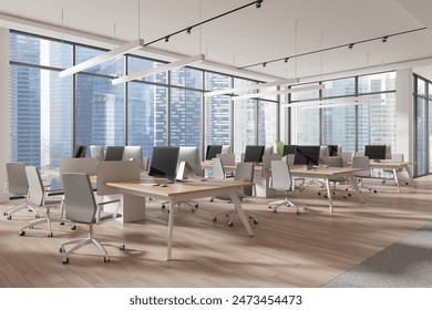 Corner view of office interior with pc computers on desks in row, hardwood floor. Team workplace with panoramic window on Singapore skyscrapers. 3D rendering