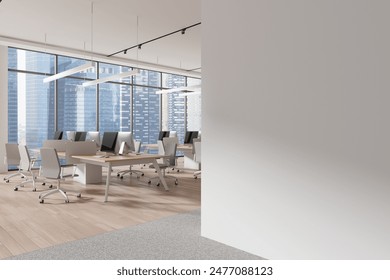 Corner view of office interior with pc computers on desks in row, hardwood floor. Corporate workspace with panoramic window on Singapore skyscrapers. Mock up empty wall partition. 3D rendering - Powered by Shutterstock