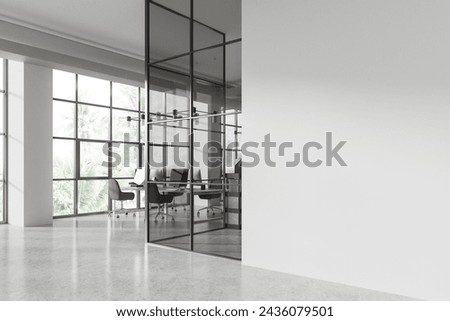 Corner view of office interior with pc computers and chairs in row. Stylish office work corner with panoramic window on tropics. Mockup copy space wall partition. 3D rendering
