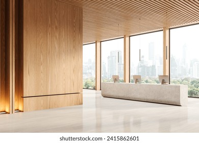 Corner view of office reception interior lobby with stone desk and computers, panoramic window on Bangkok skyscrapers. Modern registration and hotel check-in space. 3D rendering