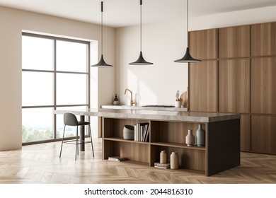 Corner View On Bright Kitchen Room Interior With Bar Stool, Cupboard, Shelves With Books, Oak Wooden Parquet Floor And Panoramic Window With Countryside. Contemporary Minimalist Design. 3d Rendering