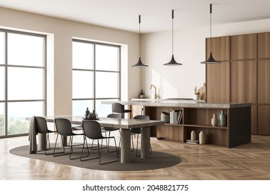 Corner view on bright kitchen room interior with dining table, six chairs, oak wooden parquet floor, cupboard and panoramic window with countryside view. Contemporary minimalist design. 3d rendering