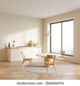 Corner View On Bright Kitchen Room Interior With Three Chairs, Dining Table, Carpet, Oak Wooden Parquet Floor And Panoramic Window With Countryside View. Contemporary Minimalist Design. 3d Rendering