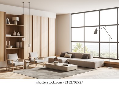 Corner view on bright living room interior with panoramic window, armchairs, sofa, coffee table, cupboard and wooden hardwood floor. Concept of minimalist design. Space for creative idea. 3d rendering