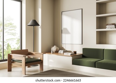 Corner view on bright living room interior with empty white poster, armchair, sofa, shelf, panoramic window, white wall, concrete floor. Minimalist design. Place for meeting. Mock up. 3d rendering