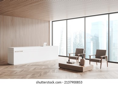 Corner View On Bright Office Reception Room Interior With Panoramic Window With Singapore View, Armchairs, Table And Hardwood Floor. Concept Of Place For Working Process And Meeting. 3d Rendering