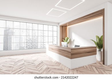 Corner View On Bright Office Reception Interior With Desktops, Panoramic Windows With Singapore View And Wooden Hardwood Floor. Concept Of Place For Working Process And Meeting. 3d Rendering