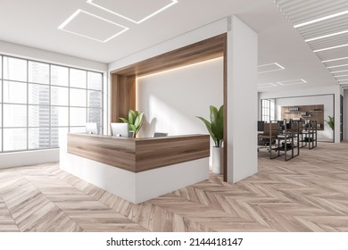 Corner View On Bright Office Reception Interior With Desktops, Panoramic Windows With Singapore View And Wooden Hardwood Floor. Concept Of Place For Working Process And Meeting. 3d Rendering