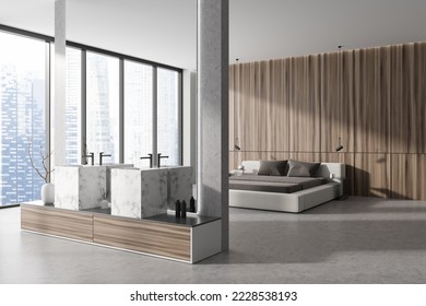 Corner view on bright studio interior with bed, double sink, large mirror, panoramic window with Singapore skyscraper view, white walls, concrete floor. Concept of minimalist design. 3d rendering