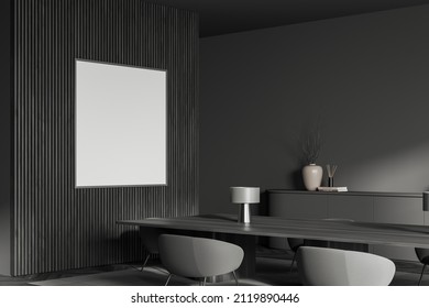 Corner View On Dark Office Interior With Empty White Poster, Desk With Armchairs, Lamps, Concrete Floor. Concept Of Meeting Room. Place For Working Process. Mock Up. 3d Rendering