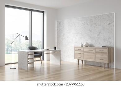 Corner View Of Personal Office Interior With Illuminated Concrete Wall Panel, Wood Sideboard, Natural View, Manager Desk And Parquet Style Floor. Concept Of Modern Design. 3d Rendering