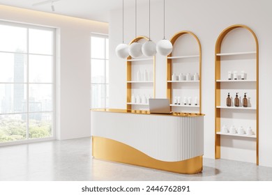 Corner view of salon interior with reception desk and shelf with cosmetics, panoramic window on Bangkok skyscrapers. Beauty care space with modern furniture. 3D rendering - Powered by Shutterstock