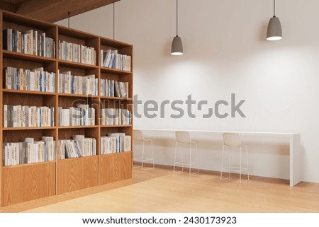 Corner view of stylish library interior large wooden bookshelf with books, minimalist desk with white bar stool in row. Reading or learning space. 3D rendering