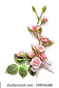 Corner vignette from the buds and leaves of roses on a white background in watercolor