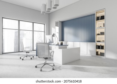 Corner Of White And Blue Office Interior With Desk, Stylish Niche, Cabinets, Panoramic View, Three Rolling Chairs And Concrete Floor. Concept Of Modern CEO Work Place Design. No People. 3d Rendering