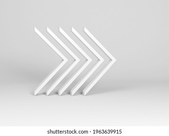 Corners installation in an empty white studio. Right forward arrows, 3d rendering illustration