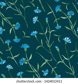 Cornflower plant with flowers, watercolor painting - seamless pattern on navy blue background