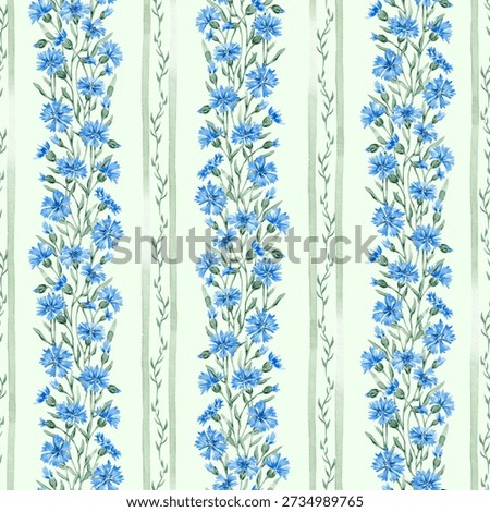 Cornflowers seamless pattern hand drawn with watercolor. Summer field flowers and grass. Vertical lines with summer meadow florals. Design for textile, fabric, packaging