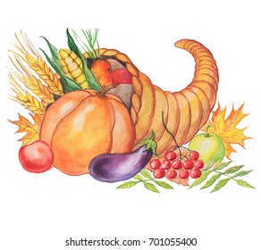 Cornucopia With Autumn Vegetables.Watercolor Thanksgiving Background.