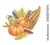 Cornucopia clipart overflowing with pumpkins, multicolored corn cobs, wheat stalks. Watercolor design element for Thanksgiving and autumn projects, greeting cards, posters, kitchen decor, scrapbooking