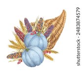 Cornucopia filled with pumpkins, multicolored corn cobs, wheat stalks, and berries. Horn of plenty Watercolor clipart for Thanksgiving decor, autumn-themed and harvest festival designs, seasonal cards