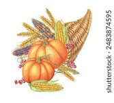 Cornucopia filled with pumpkins, multicolored corn cobs, wheat stalks, and berries. Horn of plenty Watercolor clipart for Thanksgiving decor, autumn-themed and harvest festival designs, seasonal cards
