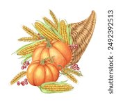 Cornucopia filled with pumpkins, multicolored corn cobs, wheat stalks, and berries. Horn of plenty Watercolor clipart for Thanksgiving decor, autumn-themed and harvest festival designs, seasonal cards