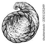 Cornucopia horn of plenty illustration in a vintage retro woodcut etching style.