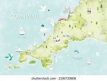 Cornwall Illustrated Map. Trip And Travel To Cornwall, South West England, United Kingdom, UK. Colorful Digital Graphic Style. Local Best Point Of Interests Of The Region. Beautiful Postcard
