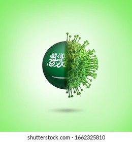 Corona Virus Concept; 3D Rendering Flu viruses on red saudi arabia with deadly coronavirus & green background.