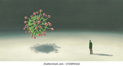 Corona Virus Or Covid 19 Concept Artwork. Surreal Scene Old Man Alone With Floating Virus. Social Distance Idea Art, Painting Illustration