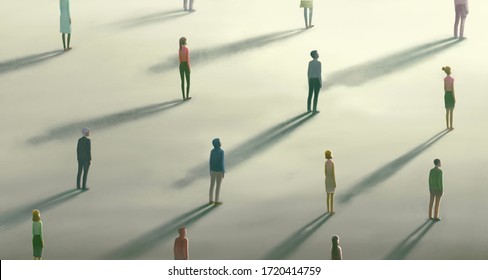 Corona Virus And Social Distancing Concept, Hope Of Lonely Crowd. Group Of People Looking At The Light, Surreal Artwork, Alone Person, Painting Illustration, Loneliness Emotion