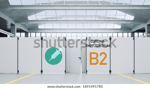 Corona-Impfzentrum (German for: Corona\
vaccination center) for vaccination against Covid-19 in an empty\
warehouse (3d\
rendering)