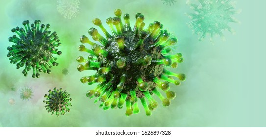 Coronavirus 2019-ncov flu infection 3D medical illustration. Microscopic view of floating illness respiratory influenza virus cells. Dangerous illness corona virus, pandemic risk background