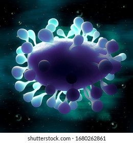 Coronavirus 2019-ncov Flu Particle Infection. Microscopic View Of Floating China Pathogen Respiratory Influenza Virus Particle. Virion Of Coronavirus,Virus Particles Floating, Sars. Flu. 3D Rendering