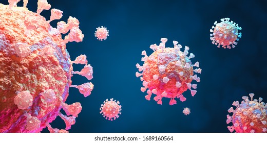 Coronavirus 2019-nCov novel coronavirus outbreak concept background. Microscopic view of floating influenza virus cells. 3D illustration.