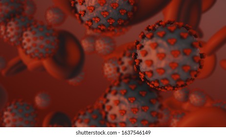 Coronavirus. 3d Render Of Coronavirus Particles In Human Blood