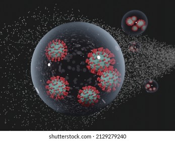 Coronavirus In Aerosol Droplets. Representative Of Aerosols Generated By Coughing Patients That Spread Covid-19 - 3D Rendering.