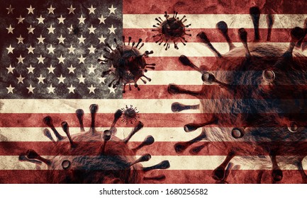 Coronavirus Against The USA Grunge Flag. Virus Causing Epidemic In The United States Concept. 3D Render