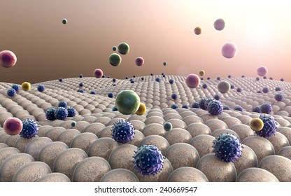 Coronavirus atack the lungs cell, cholesterol in a cells, cell structure, field of cells, Cell division, Microscopic image of cells, 3d rendering, Cells, Medical video background 