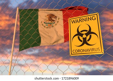 Coronavirus Biohazard Sign Against The Mexican Flag. Restricted Border Crossing Or Quarantine In Mexico. Conceptual 3D Rendering