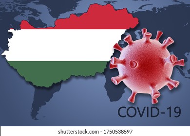 Coronavirus Cell And Map Of Hungary On Background Of The World Map. 3D Illustration