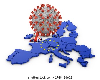 Coronavirus Covid 19 Against The Background Of The Map Of The UK And The EU. 3D Render.