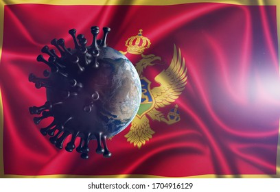 Coronavirus Covid 19 On The Background Of The Flag Of  Montenegro.