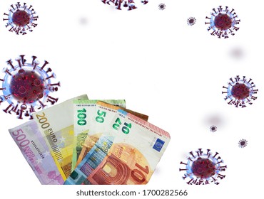 Coronavirus Covid-19 Financial Support Aid, Euro Banknotes 500 200 100 50 20,- 3d Rendering